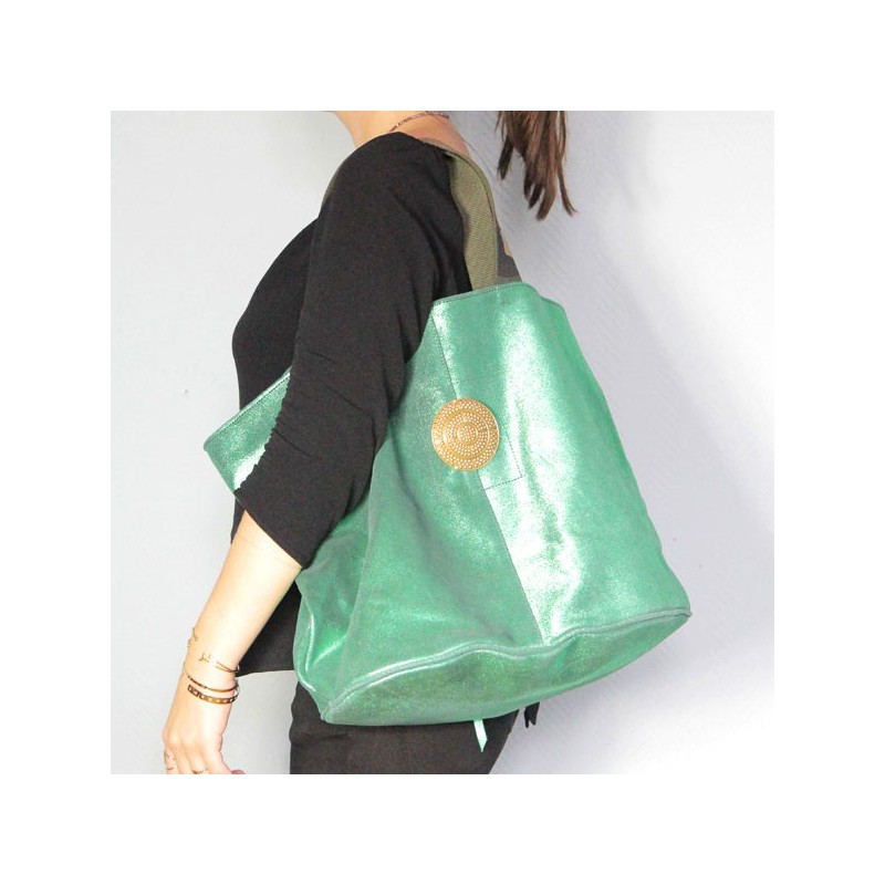 Sous les Paves Maxi cabas Brooklyn cuir cristal vert