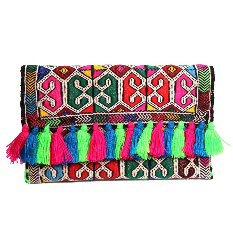 Pochette sac Kilim vintage Multicolore Pompons