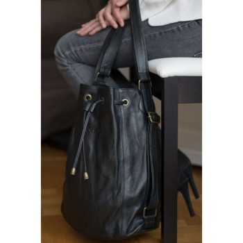 black leather bucket bag from Parisian brand Louise et Gab